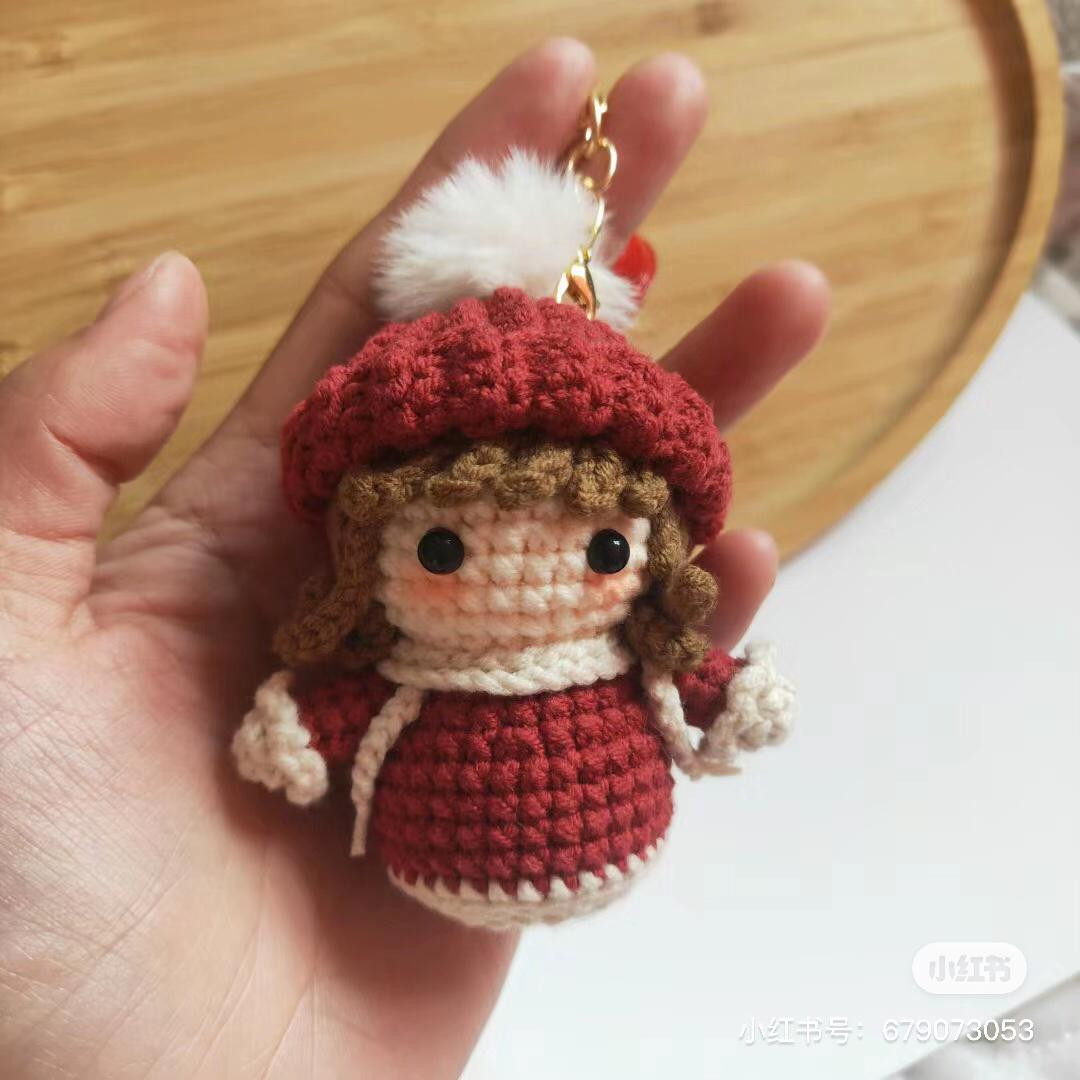 Crochet pattern for little girl milk cake doll with red hat