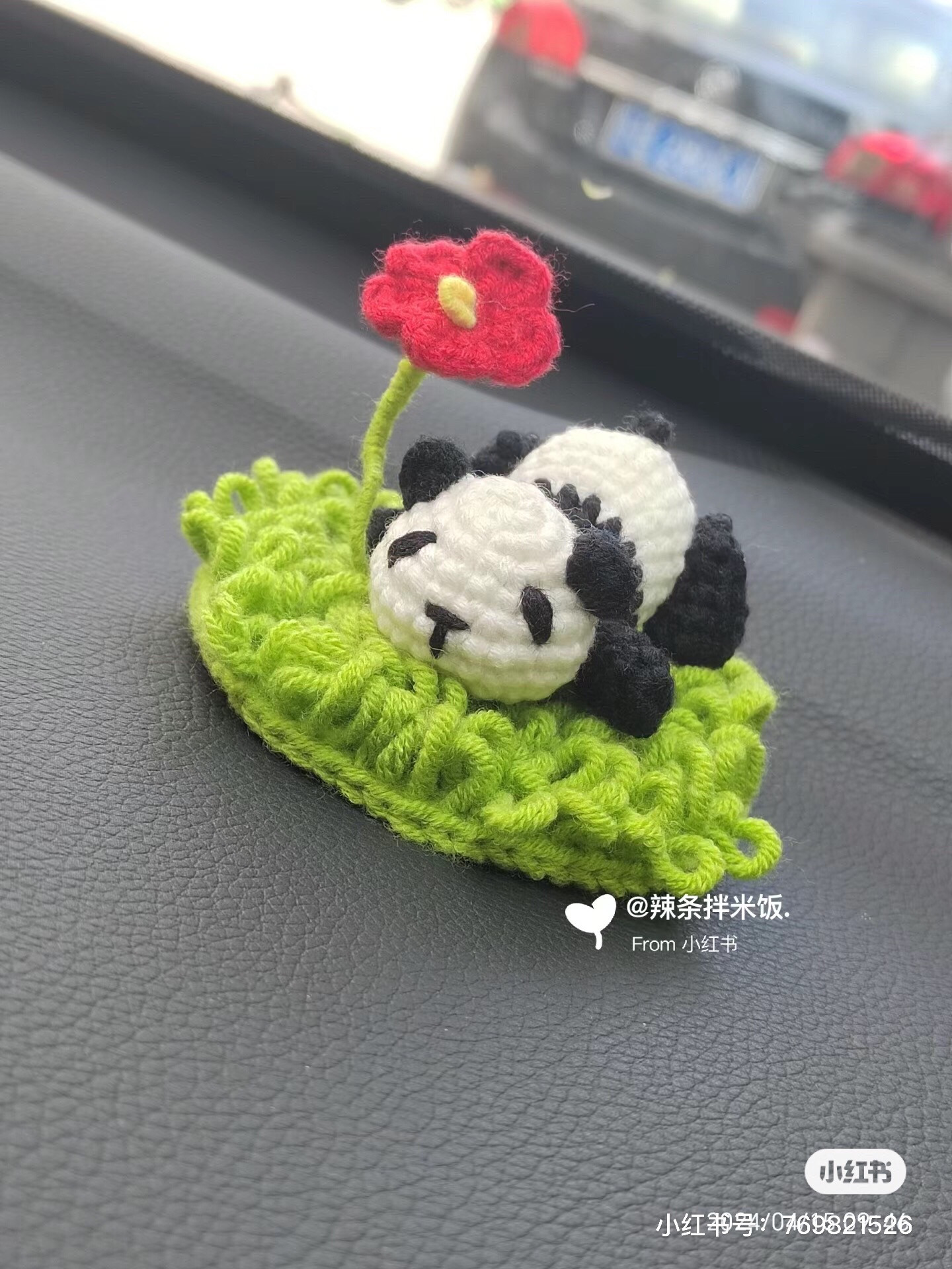 Crochet Pattern for Lying Down Panda with Flower and Grass Base