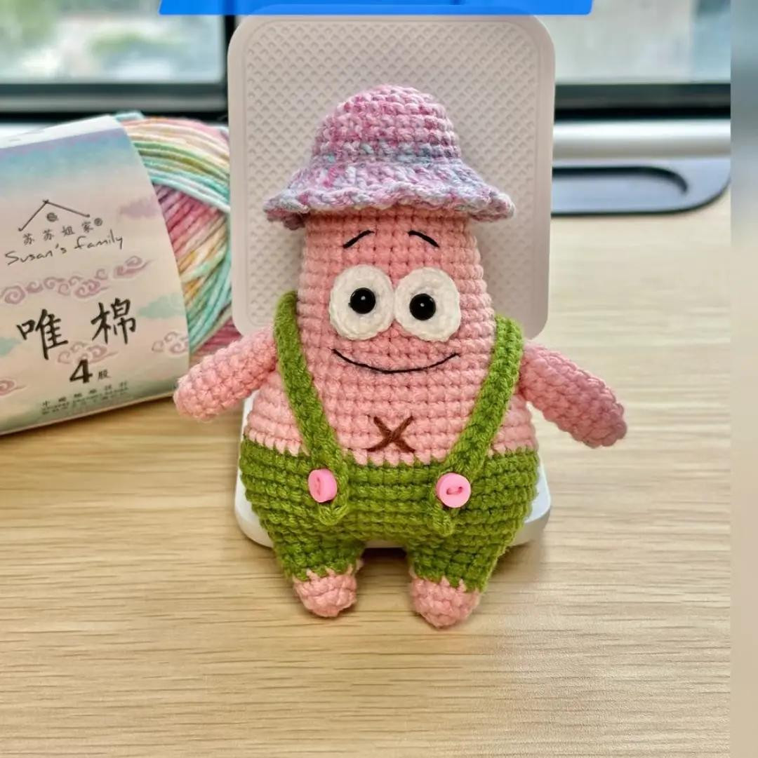 Crochet Pattern for Patrick Star Amigurumi with Green Overalls and Pink Hat