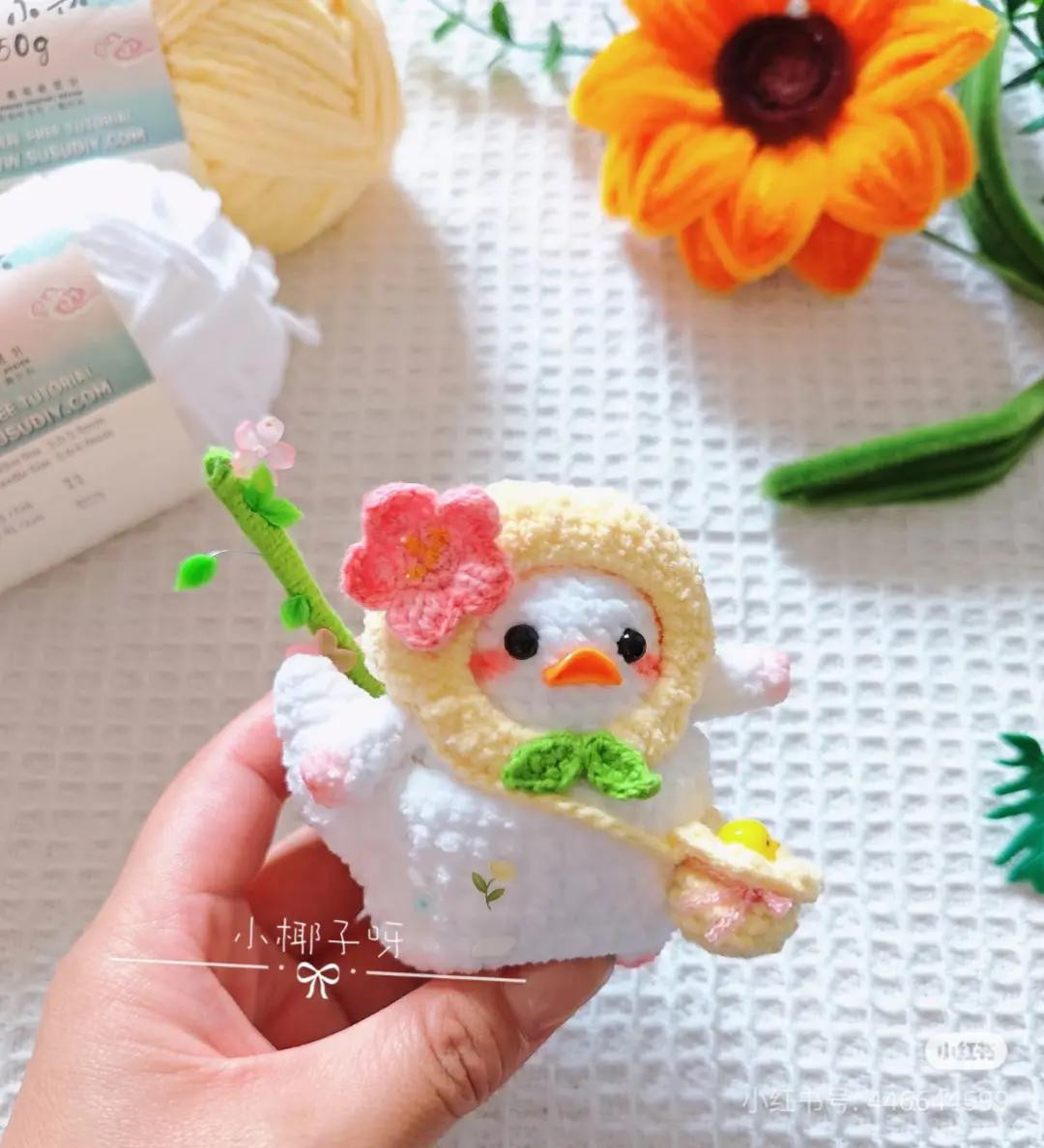 Crochet Pattern for Peach Blossom Radish Duck Doll with Flower and Bamboo