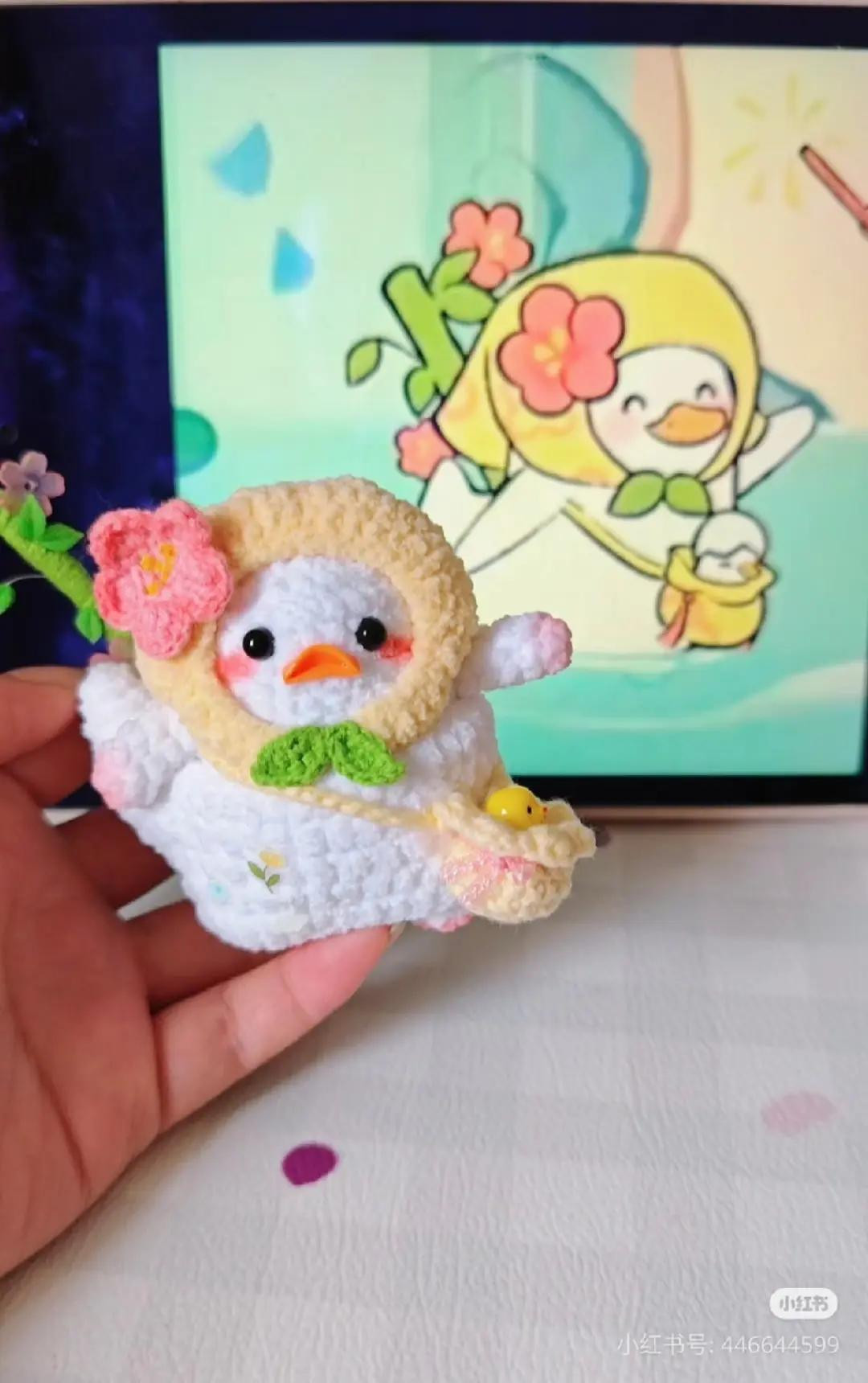 Crochet Pattern for Peach Blossom Radish Duck Doll with Flower and Bamboo