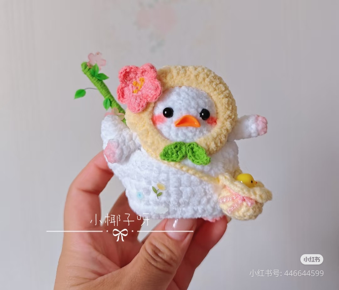 Crochet Pattern for Peach Blossom Radish Duck Doll with Flower and Bamboo