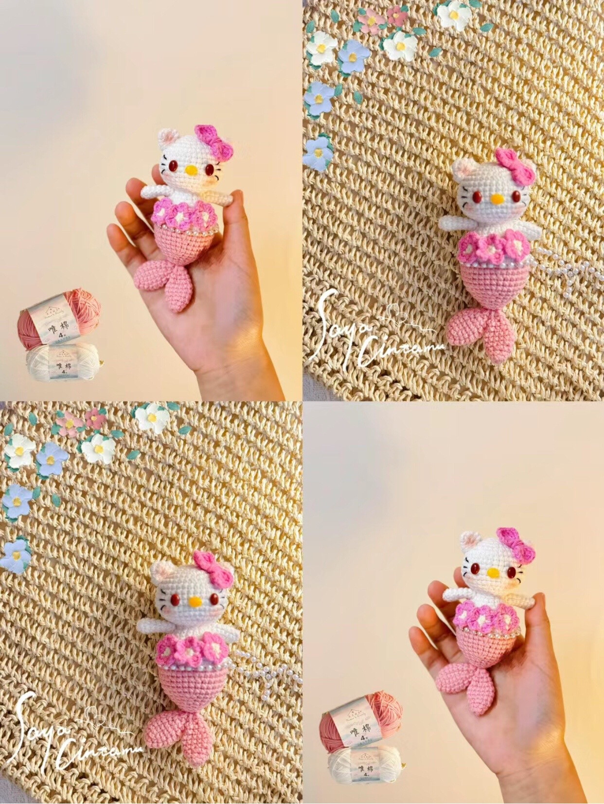 Crochet Pattern for Pink and White Hello Kitty Mermaid Amigurumi Doll with Flower Skirt