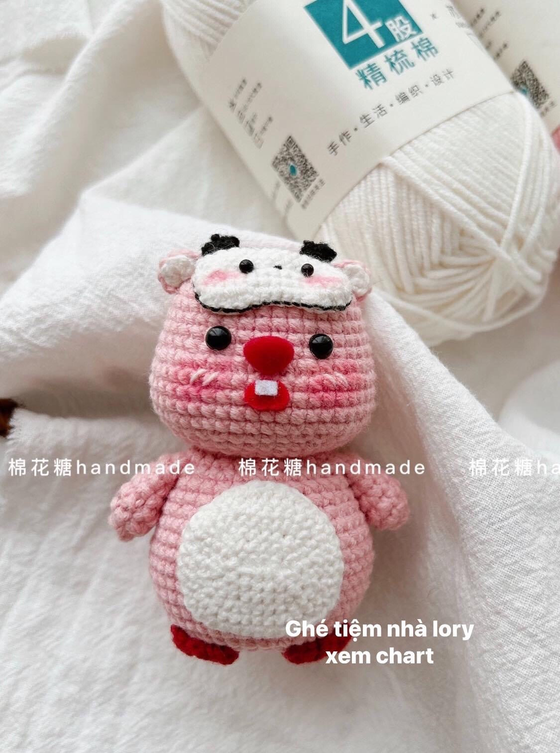 Crochet Pattern for Pink Loopy Rabbit Amigurumi Doll with Cow Sleep Mask