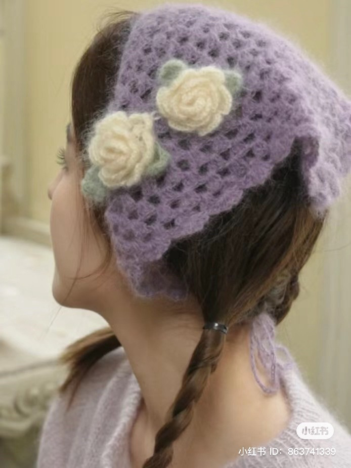 Crochet Pattern for Purple Headscarf with Roses