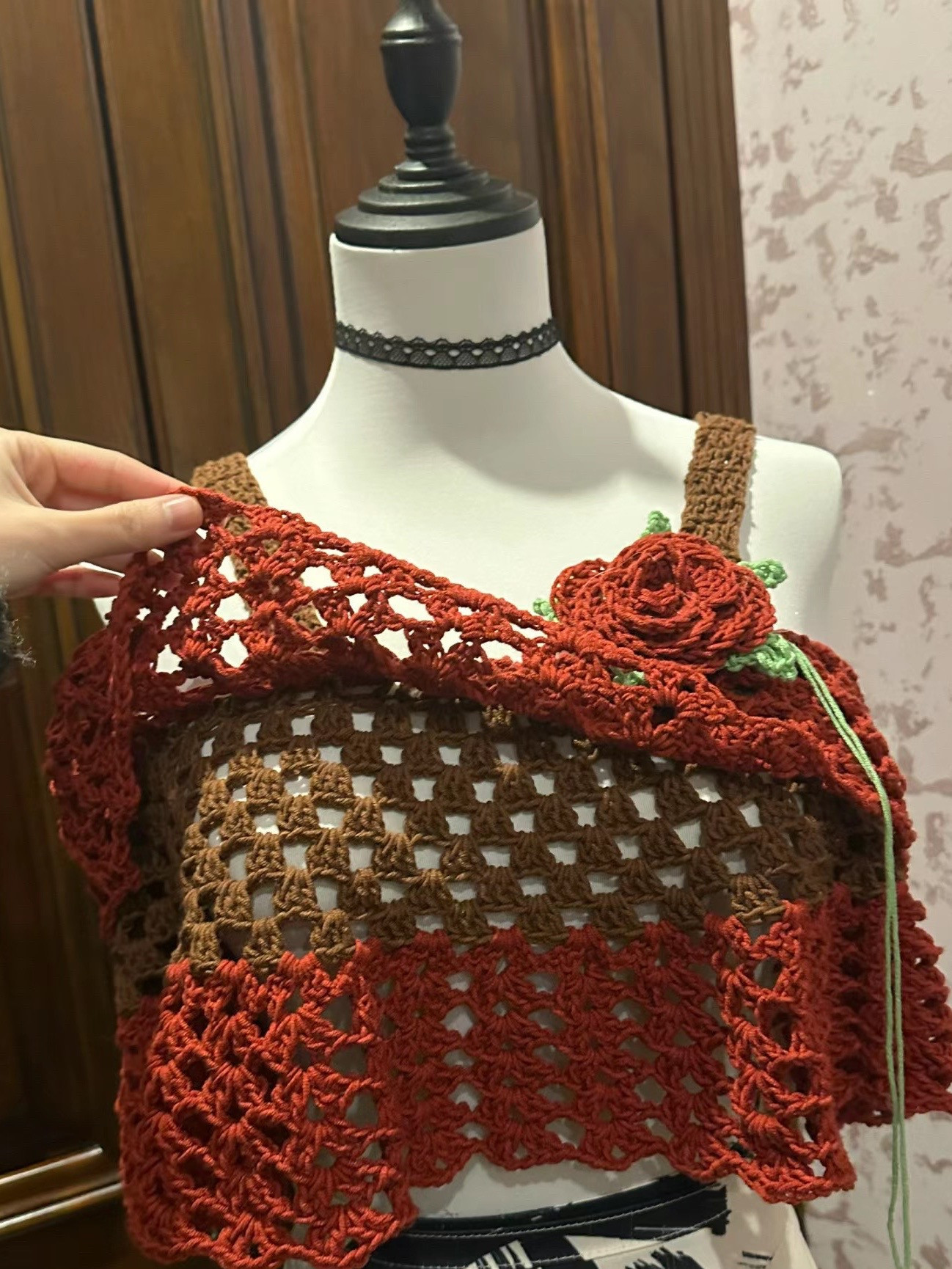 Crochet Pattern for Red and Brown Floral Top with Rose Embellishment