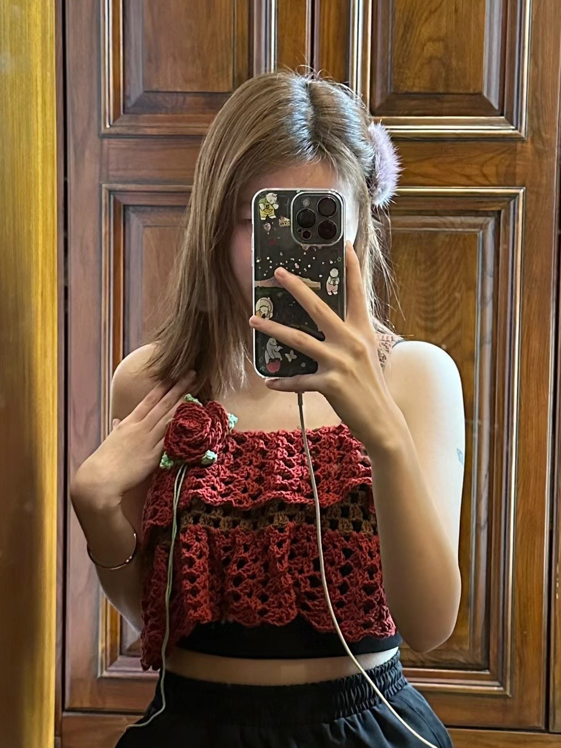 Crochet Pattern for Red and Brown Floral Top with Rose Embellishment