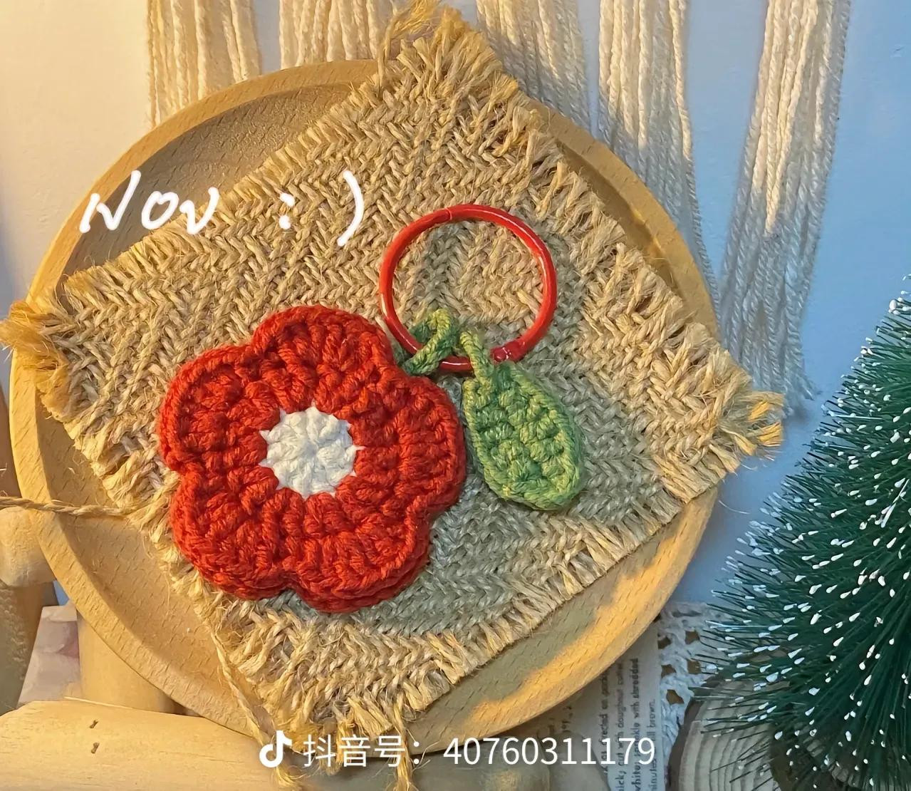 Crochet Pattern for Red Flower Keychain with Leaf