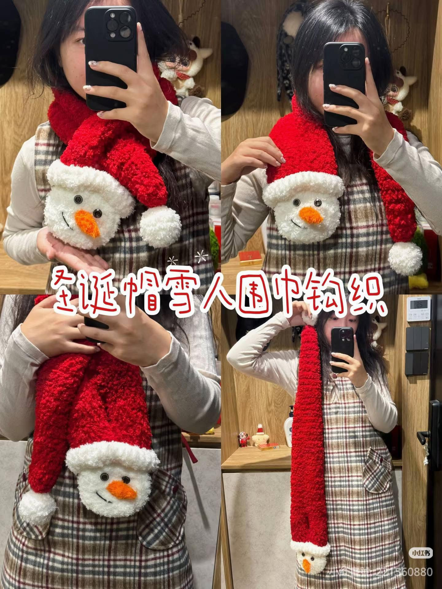 Crochet Pattern for Red Santa Hat Snowman Scarf with Coral Fleece Yarn