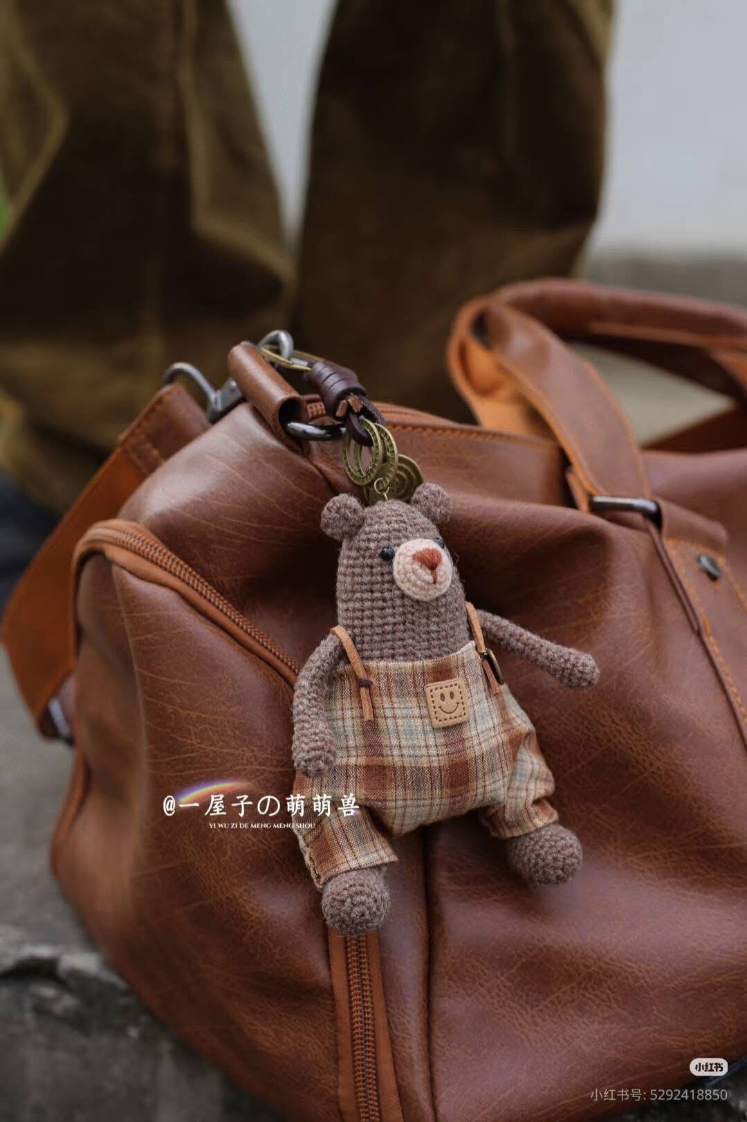 Crochet pattern for Retro Little Bear with plaid overalls