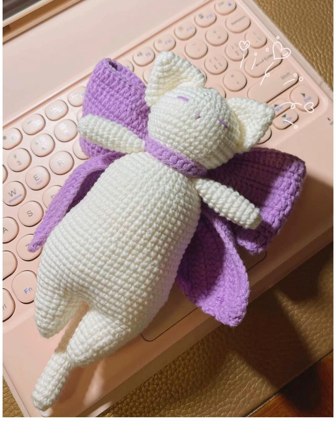 Crochet Pattern for Sleeping Cat Doll with Purple Bow
