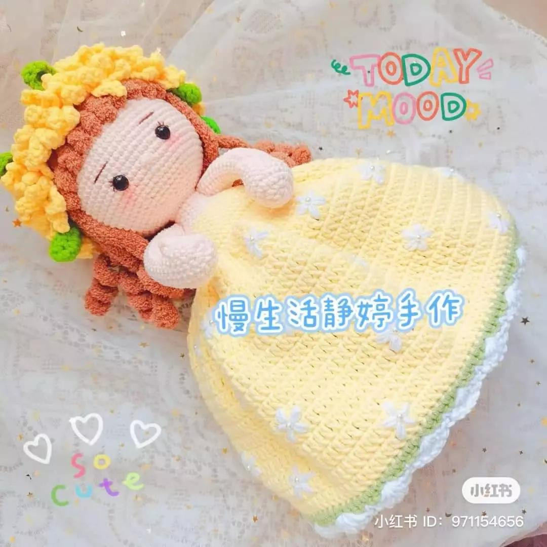 Crochet Pattern for Sunflower Princess Amigurumi Doll with Yellow Dress and Flower Crown