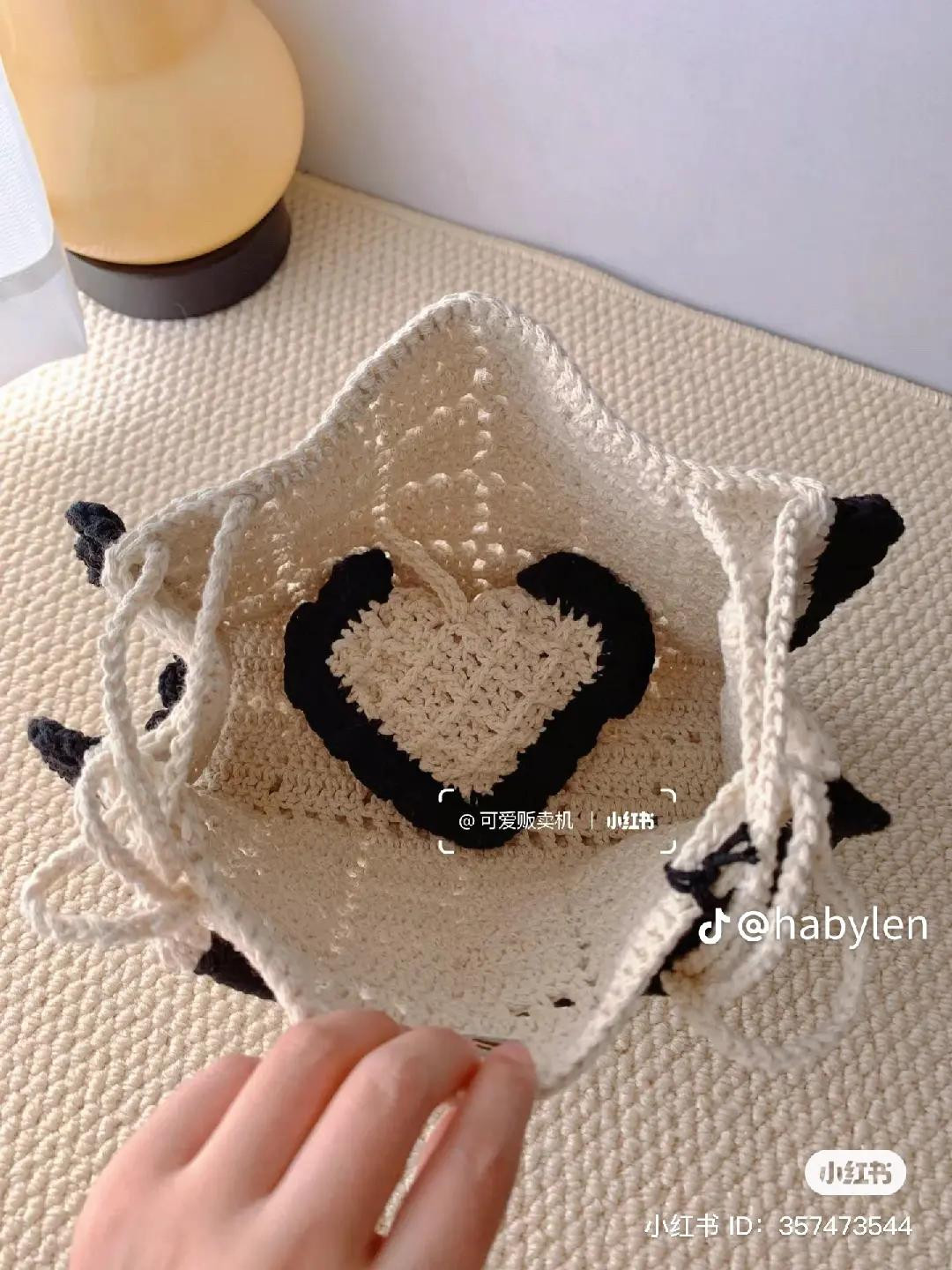 Crochet Pattern for Vintage Tote Bag with Black Ruffle Edging and Heart Charm