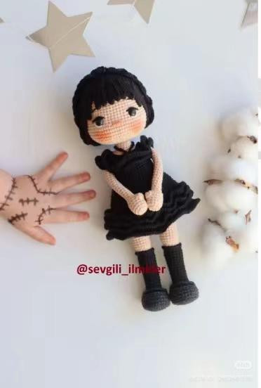Crochet Pattern for Wednesday Addams Amigurumi Doll with Detailed Instructions