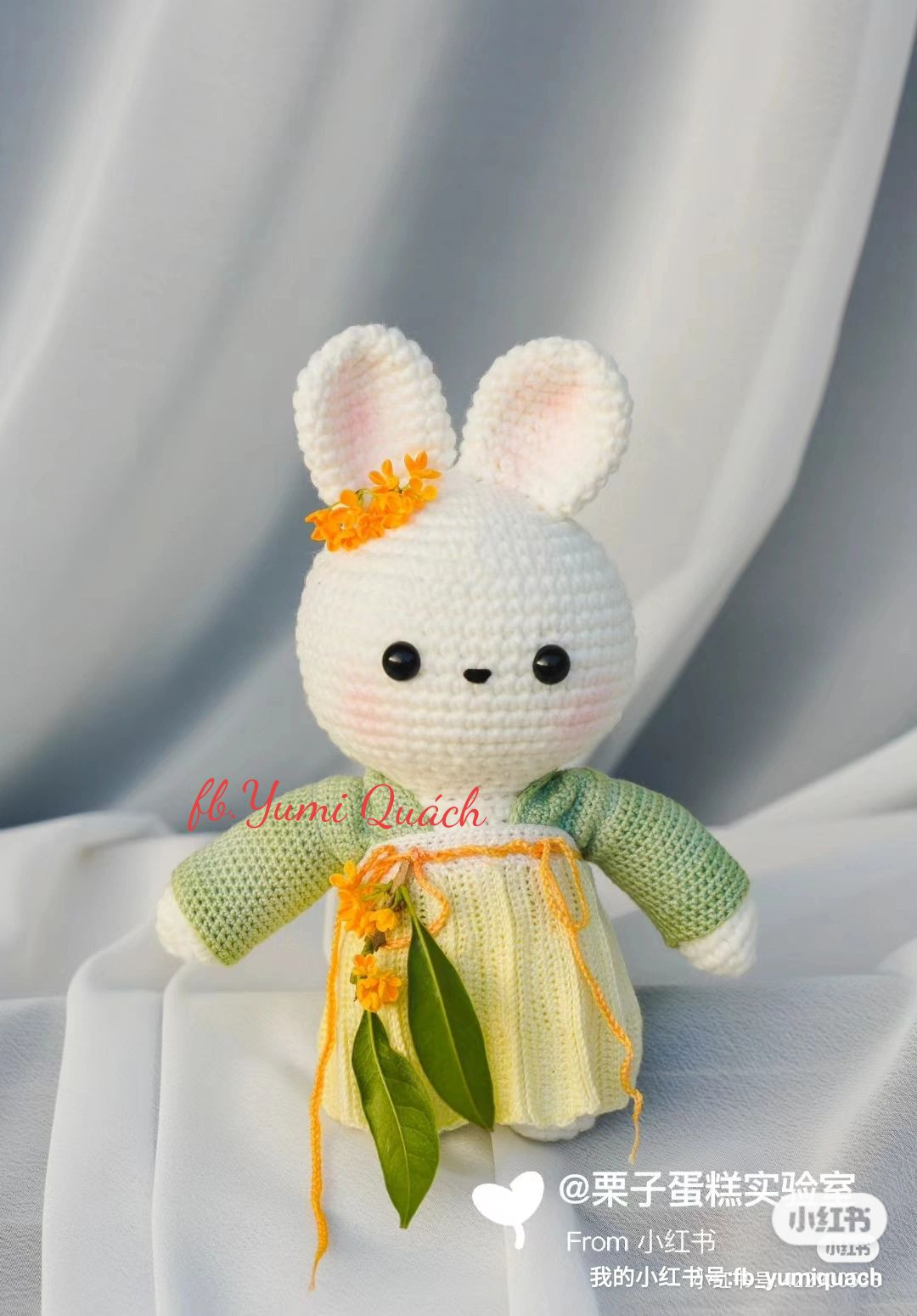 Crochet Pattern for White Rabbit in Tang Dress with Orange Flowers