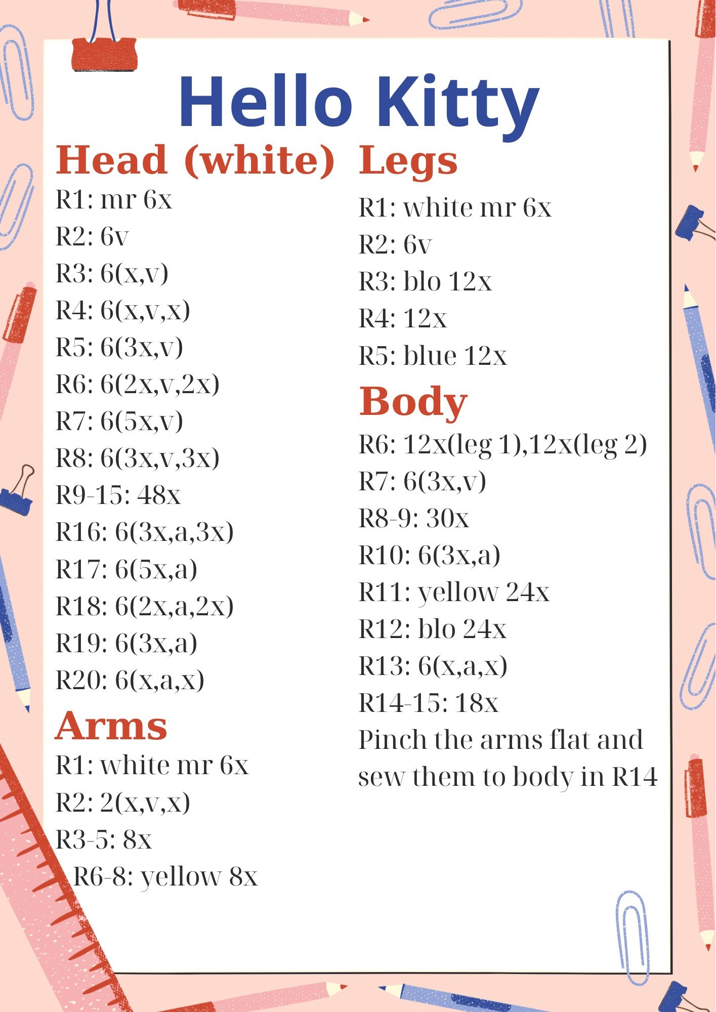 Crochet Pattern: Hello Kitty Amigurumi Doll Chart