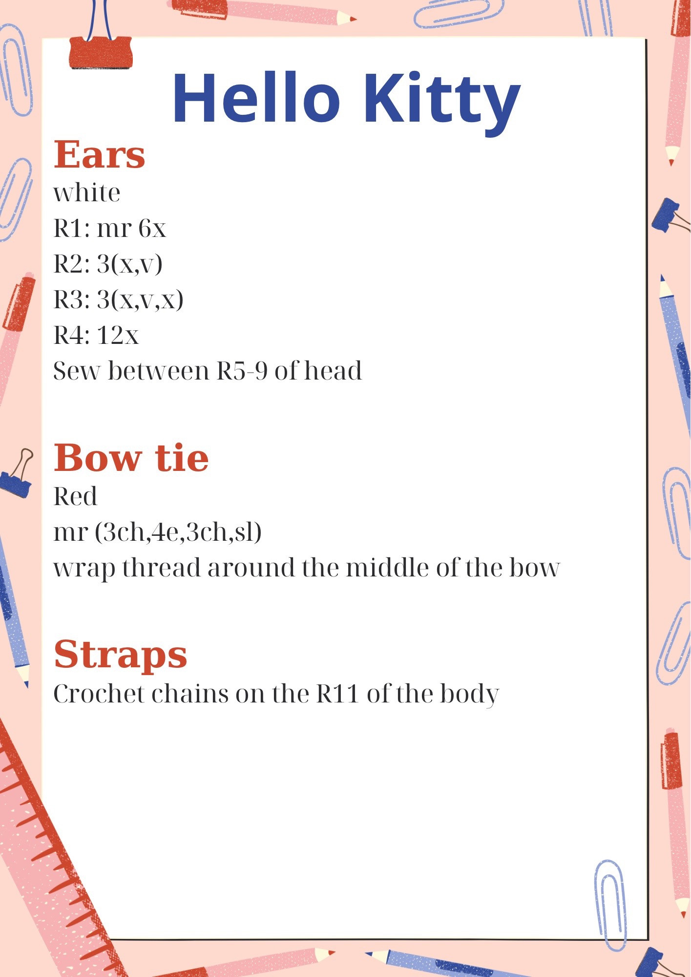 Crochet Pattern: Hello Kitty Amigurumi Doll Chart