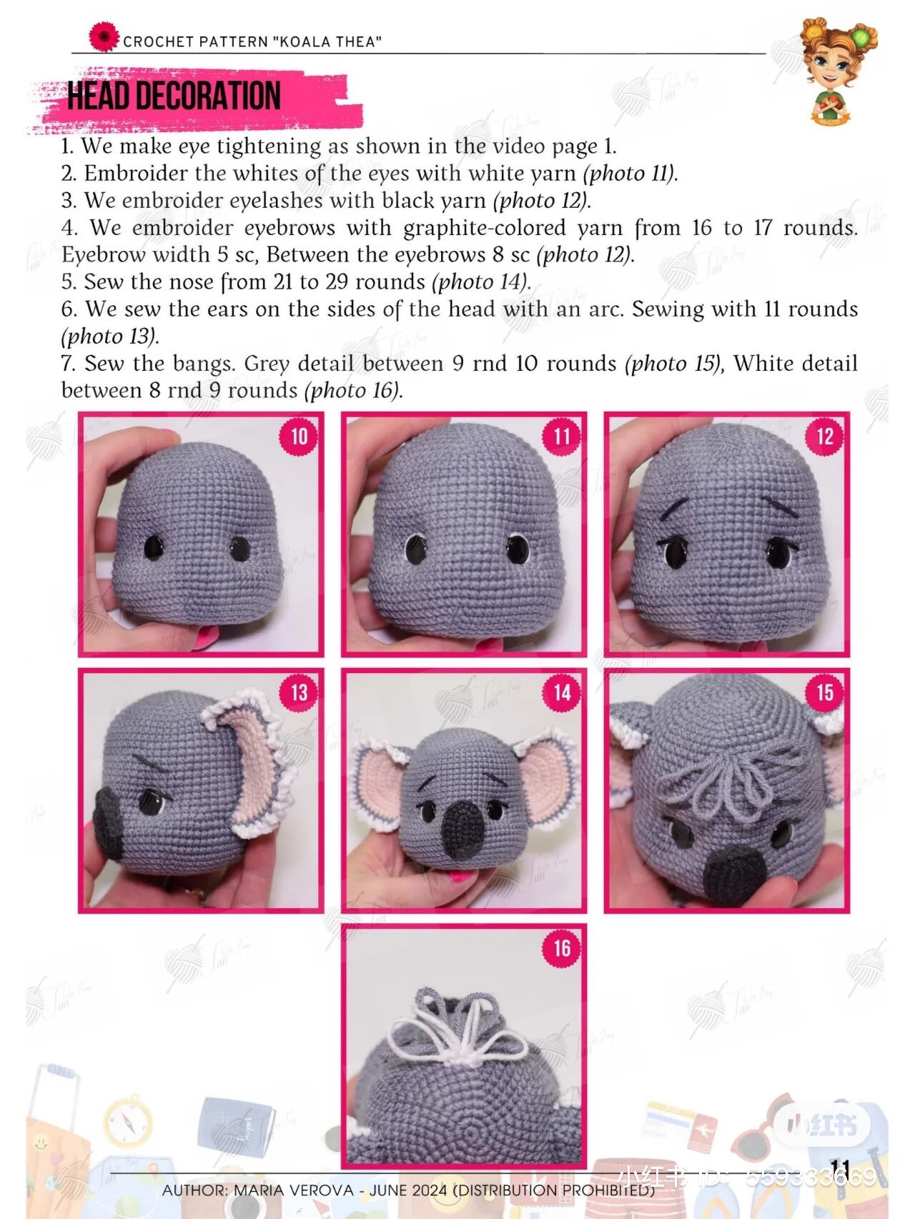 Crochet Pattern Koala Thea: Amigurumi Doll with Hat, Striped Dress and Coconut Cup