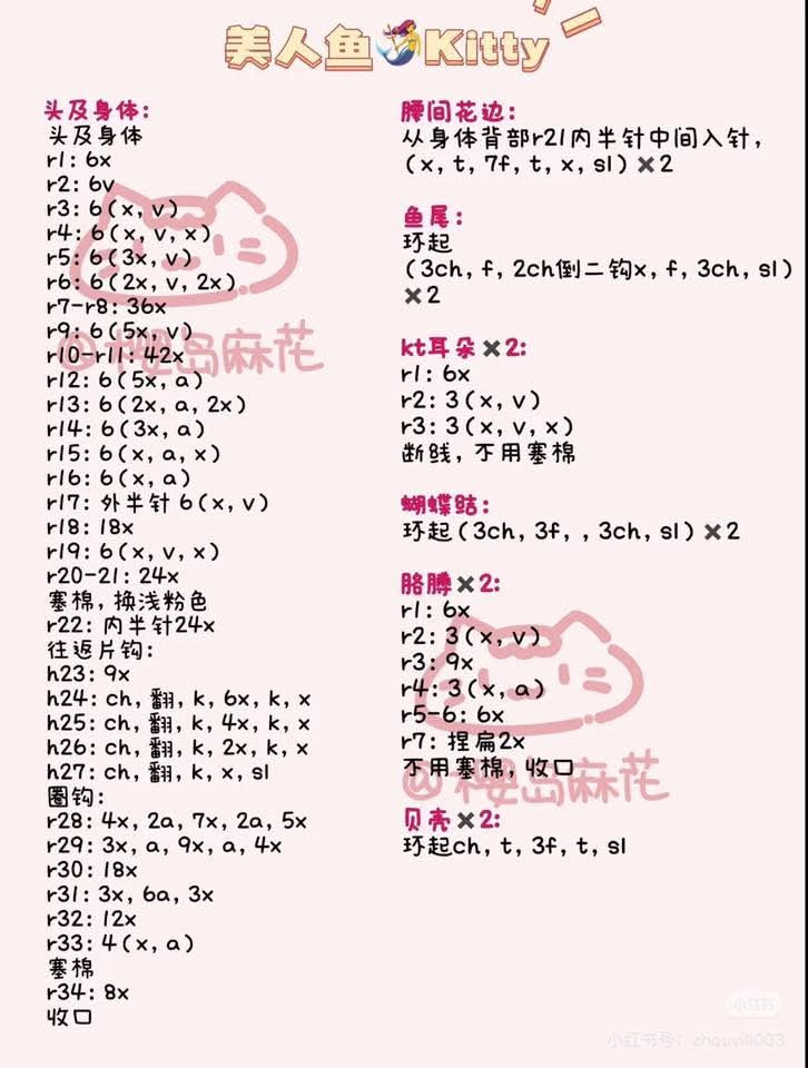 Crochet Pattern: Mermaid Hello Kitty Amigurumi Doll Chart