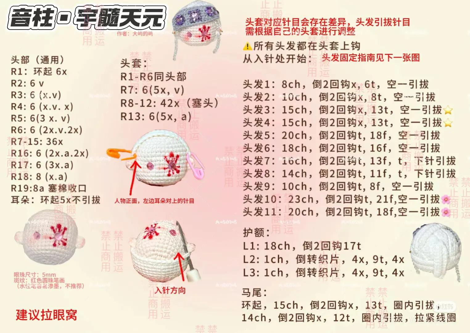 Crochet Pattern: Nezumi Ten Gen Doll Head with Beads and Hair Tutorial