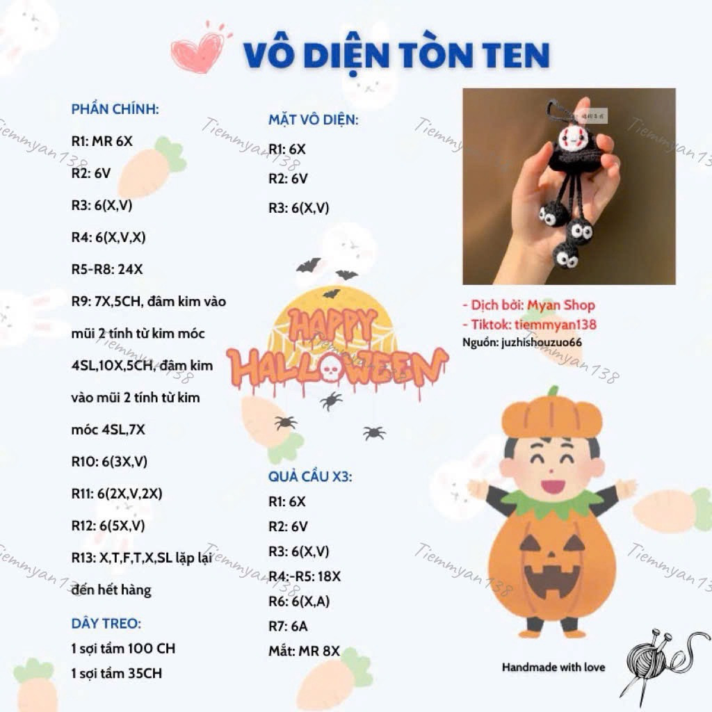 Crochet Pattern No-Face (Kaonashi) with Soot Sprites Keychain