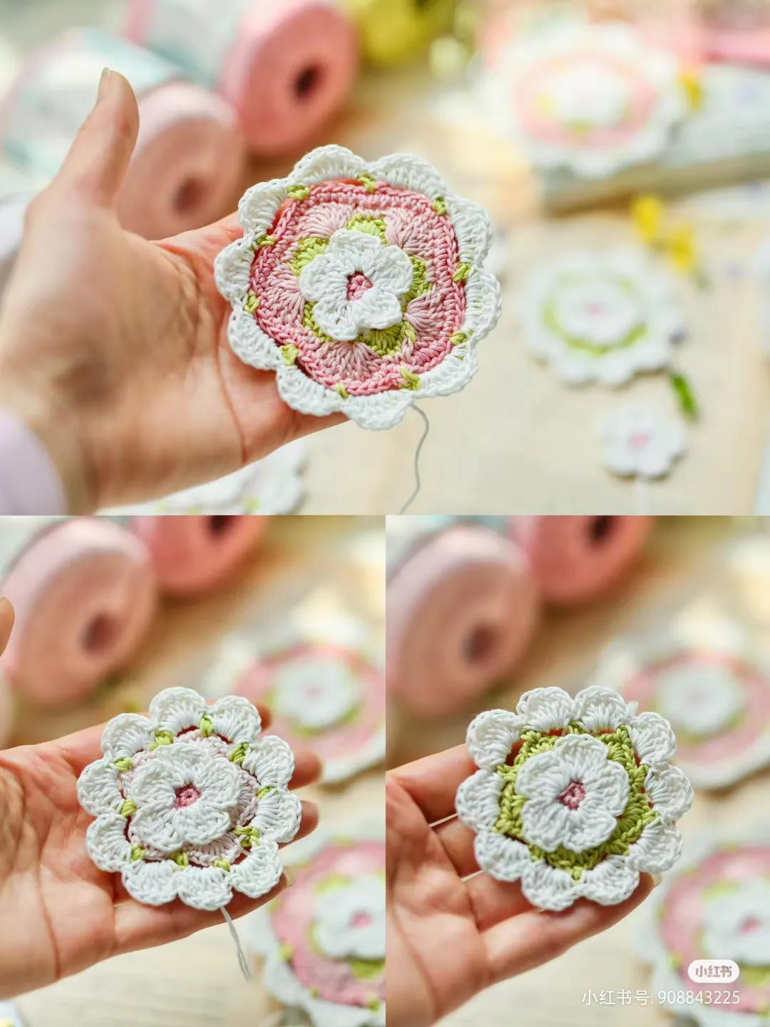 Crochet Pattern: Pink and White Floral Headband with Pentagonal Motifs, Earrings, and Hair Clips