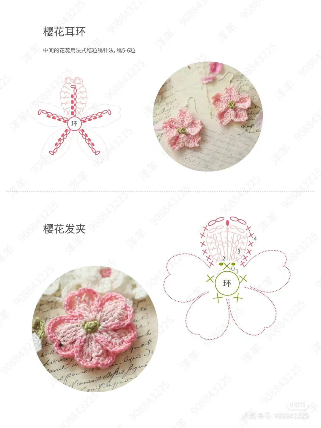 Crochet Pattern: Pink and White Floral Headband with Pentagonal Motifs, Earrings, and Hair Clips