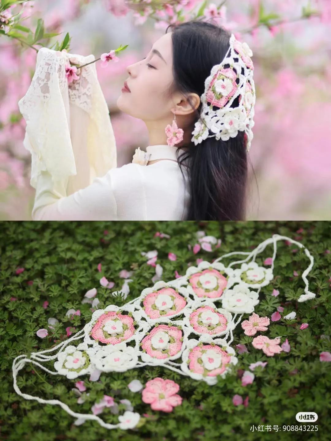 Crochet Pattern: Pink and White Floral Headband with Pentagonal Motifs, Earrings, and Hair Clips
