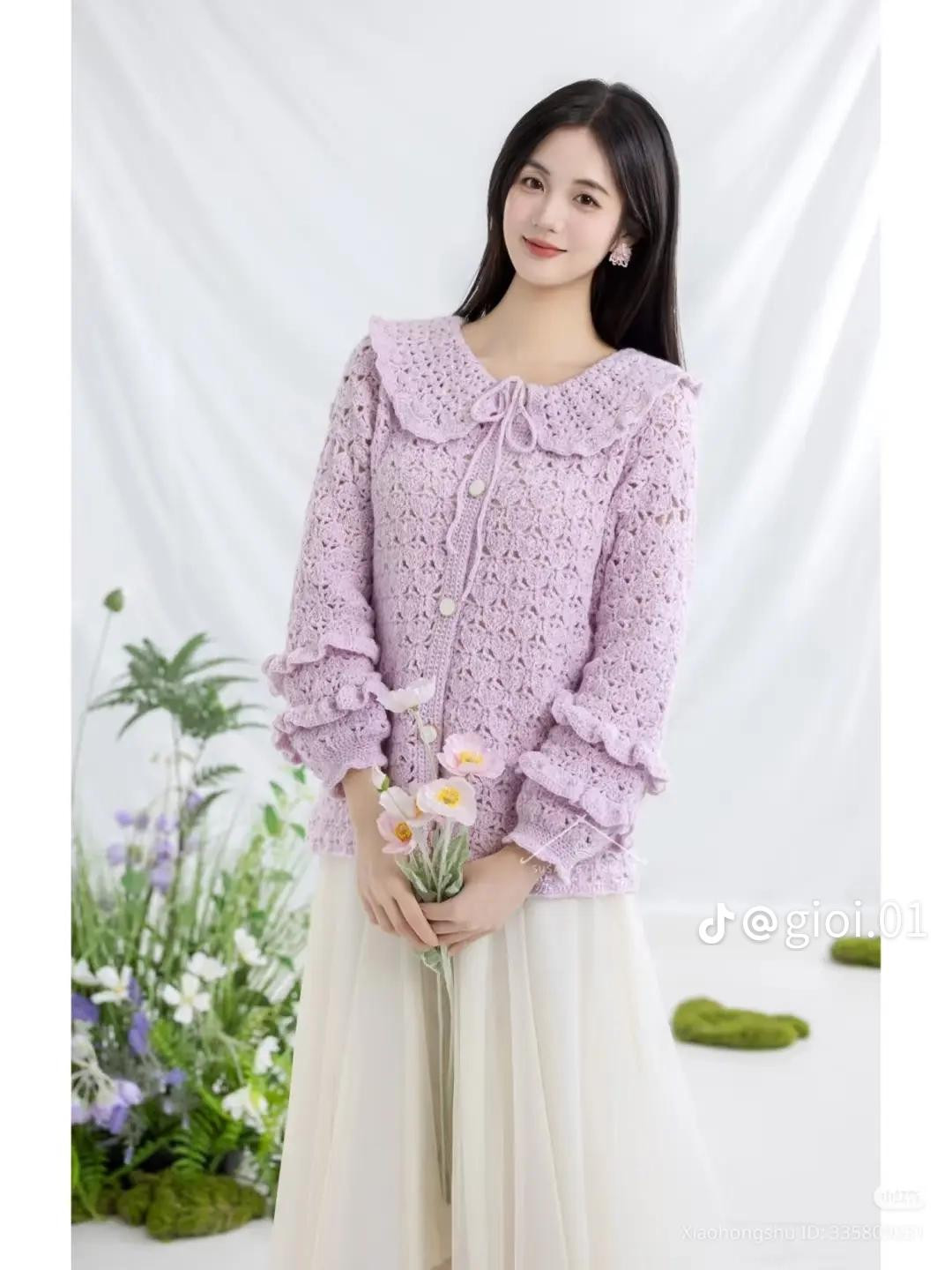 Crochet Pattern: Purple Ruffle Collar Cardigan with Detailed Chart and Measurements
