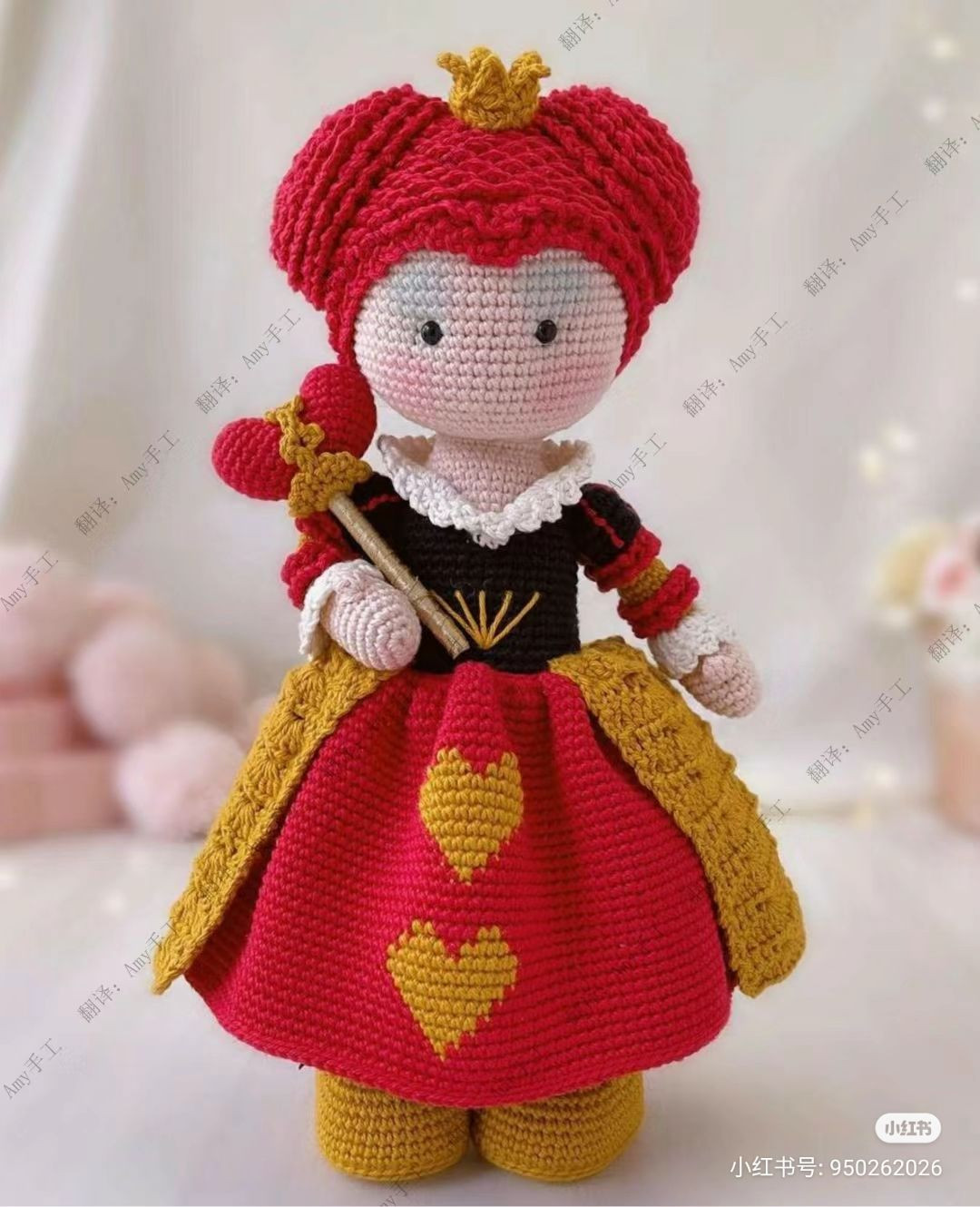 Crochet Pattern Red Queen Doll with Crown and Heart Dress