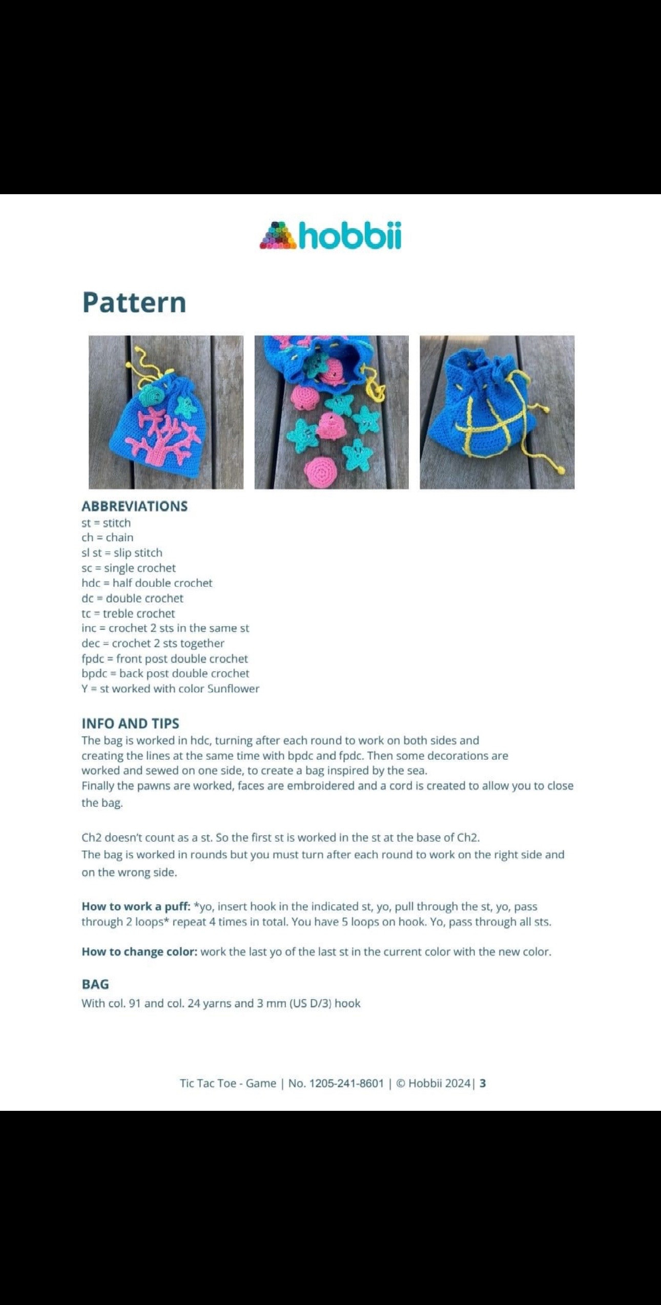 Crochet Pattern: Tic Tac Toe Game Bag with Sea Stars and Snails