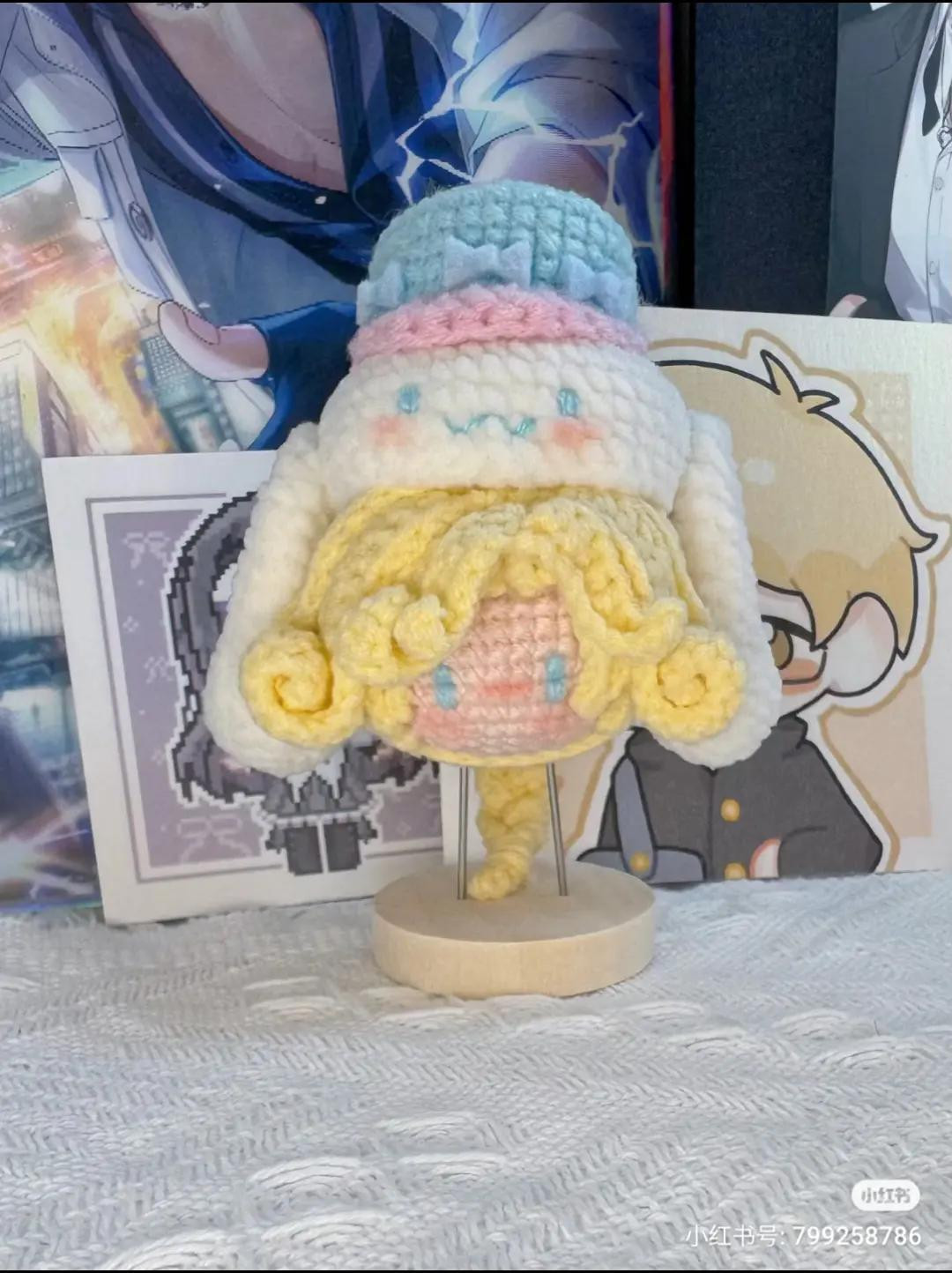 Crochet Pattern Tutorial for Cinnamoroll Josie Dango Amigurumi Doll with Yellow Hair and Pastel Hat