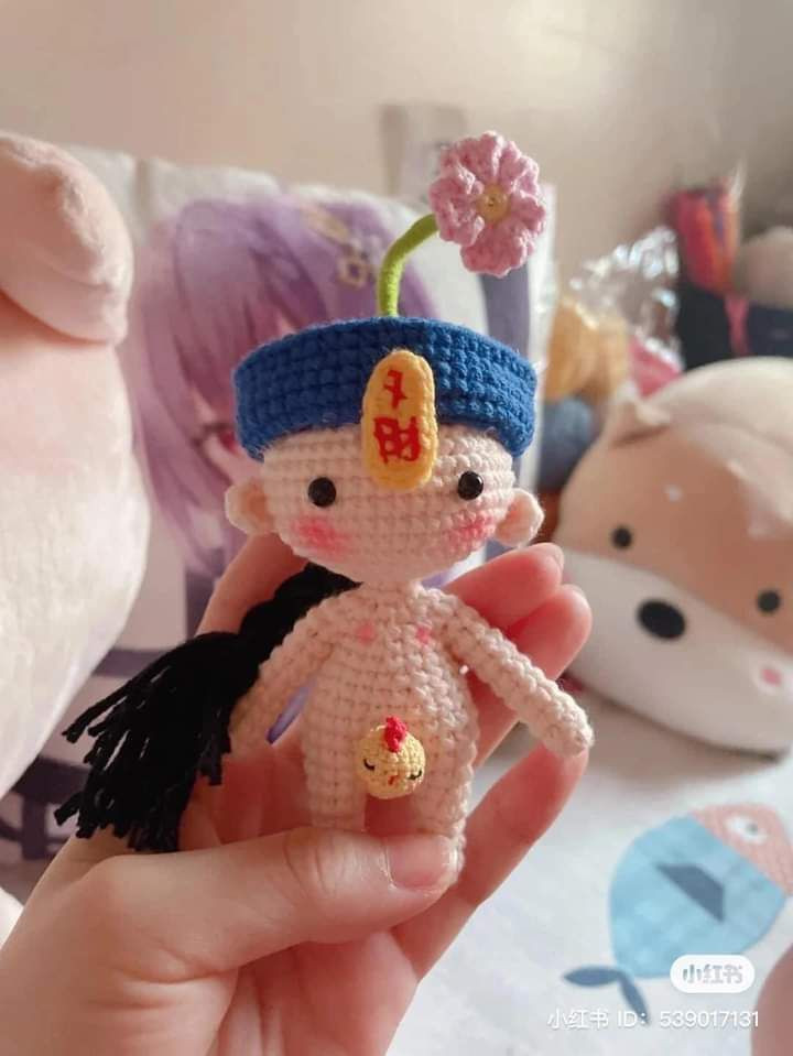 Crochet Pattern Tutorial for Cute Ma Gang Shi (Chinese Vampire) Amigurumi Doll with Blue Hat and Pink Flower
