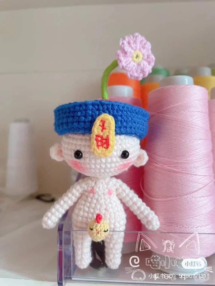 Crochet Pattern Tutorial for Cute Ma Gang Shi (Chinese Vampire) Amigurumi Doll with Blue Hat and Pink Flower