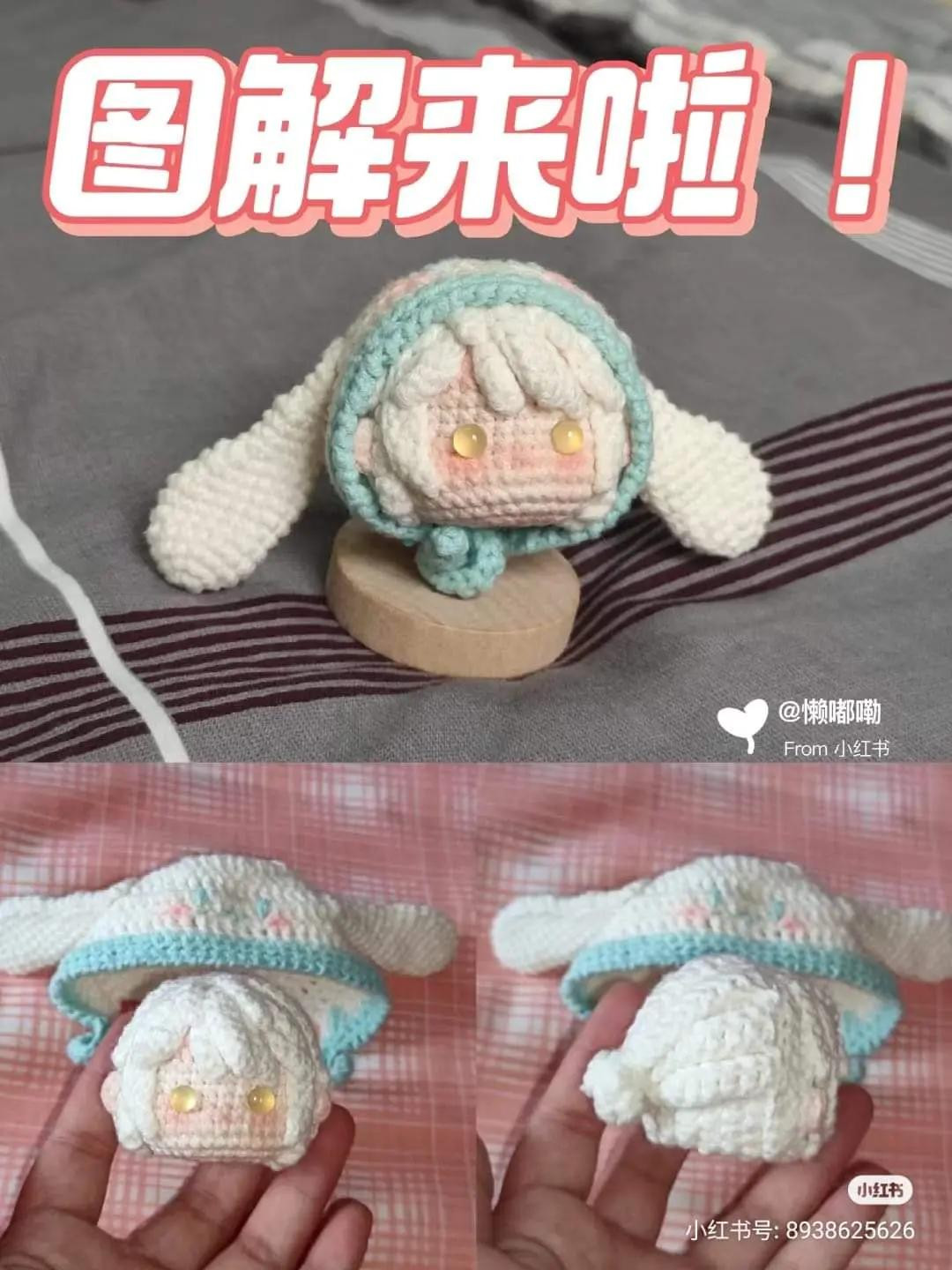 Crochet Pattern Tutorial for Cute White Amigurumi Character with Long Ears and Hair