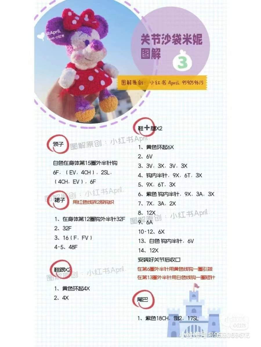 Crochet Pattern Tutorial for Jointed Weighted Minnie Mouse Amigurumi Doll