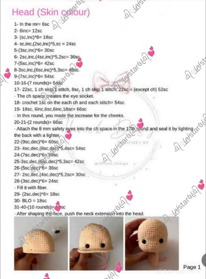 Crochet Pattern Tutorial for Pink Amigurumi Doll Head and Hair