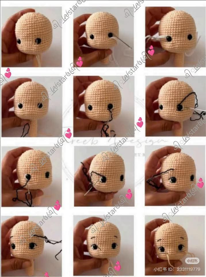 Crochet Pattern Tutorial for Pink Amigurumi Doll Head and Hair