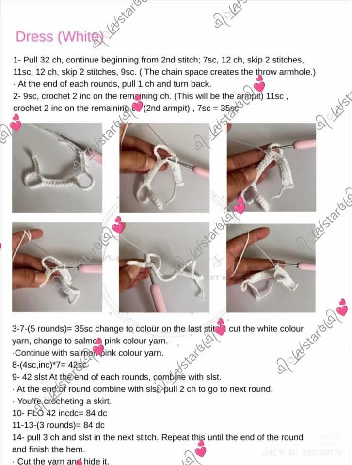 Crochet Pattern Tutorial for Pink Amigurumi Doll Head and Hair