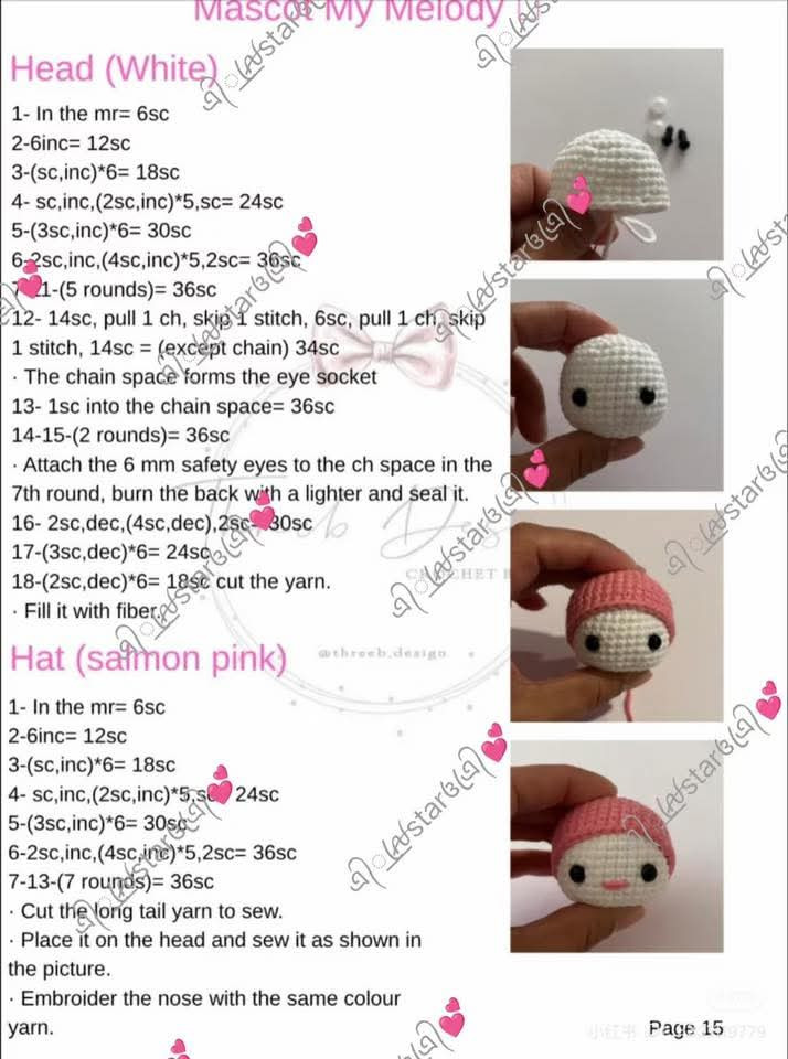 Crochet Pattern Tutorial for Pink Amigurumi Doll Head and Hair