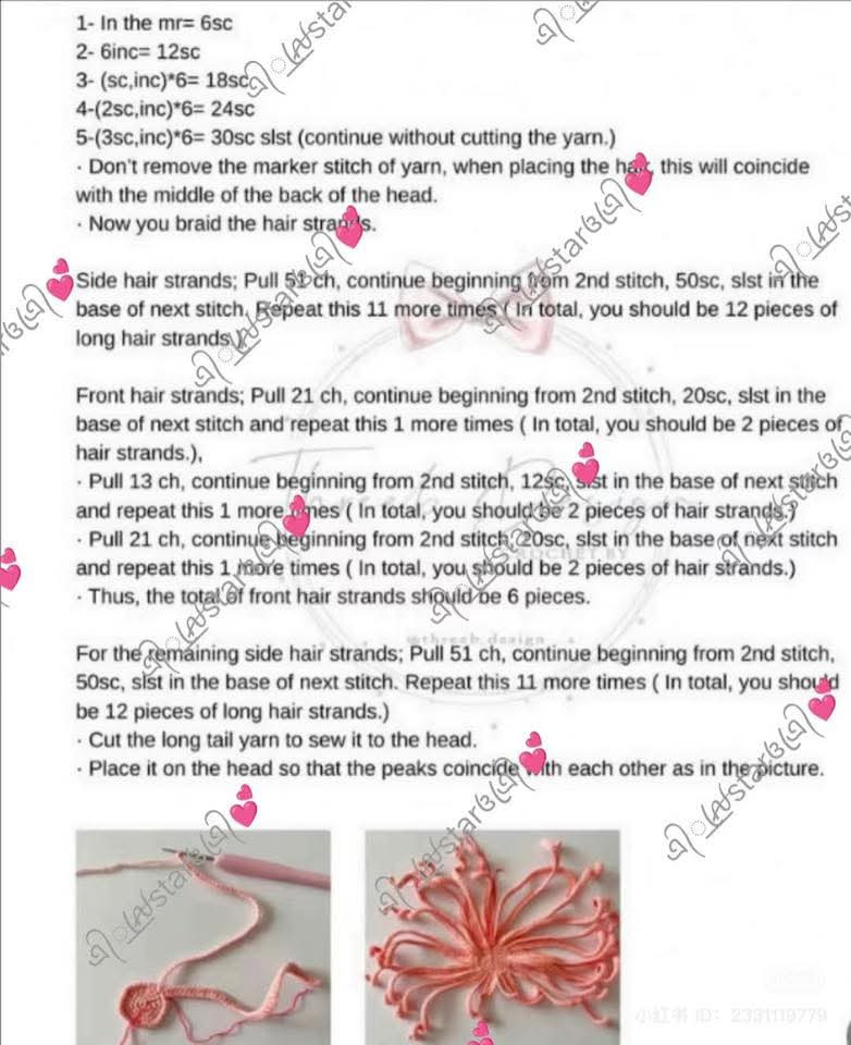 Crochet Pattern Tutorial for Pink Amigurumi Doll Head and Hair