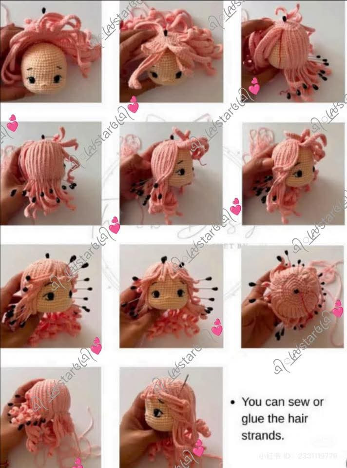 Crochet Pattern Tutorial for Pink Amigurumi Doll Head and Hair