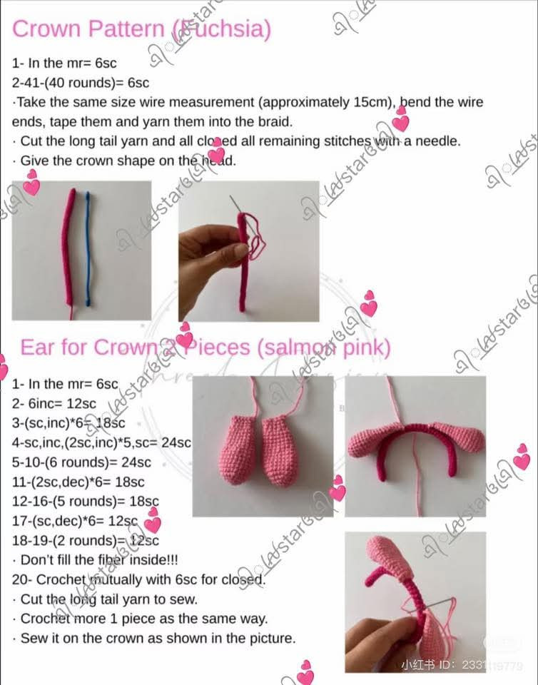 Crochet Pattern Tutorial for Pink Amigurumi Doll Head and Hair