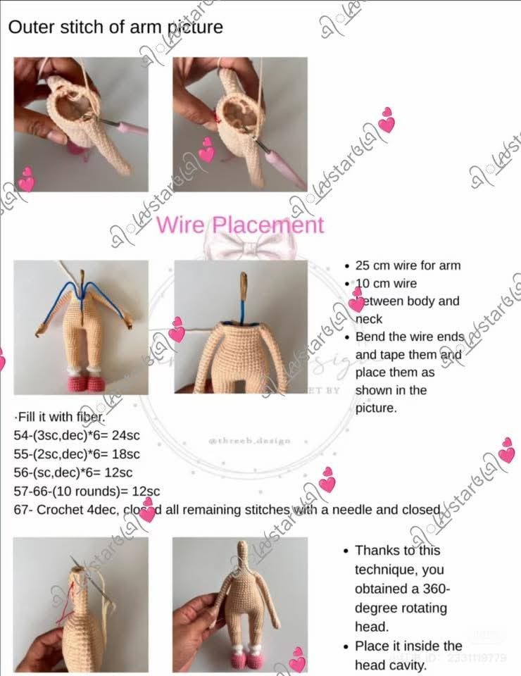 Crochet Pattern Tutorial for Pink Amigurumi Doll Head and Hair