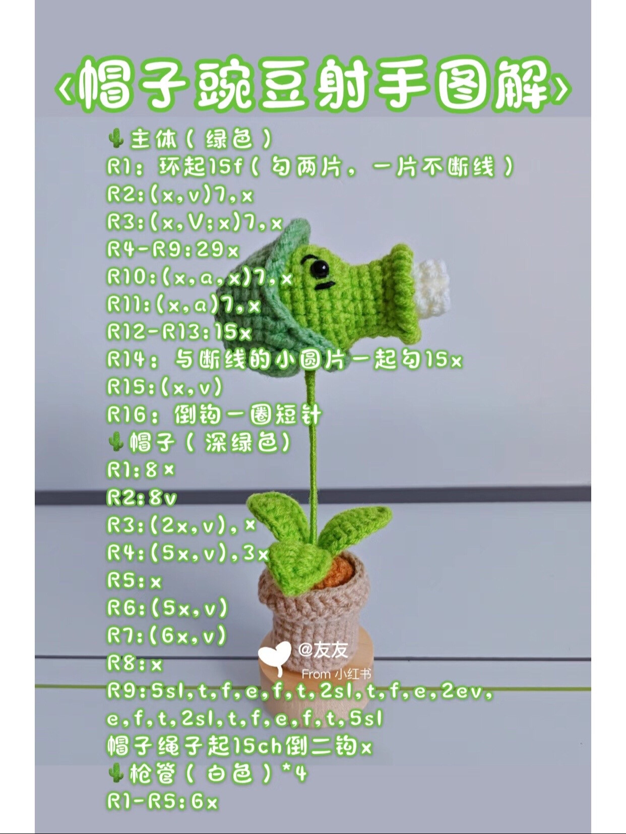Crochet Pattern Tutorial for Plants vs Zombies Peashooter and Hat Peashooter Amigurumi Dolls with Step-by-Step Instructions