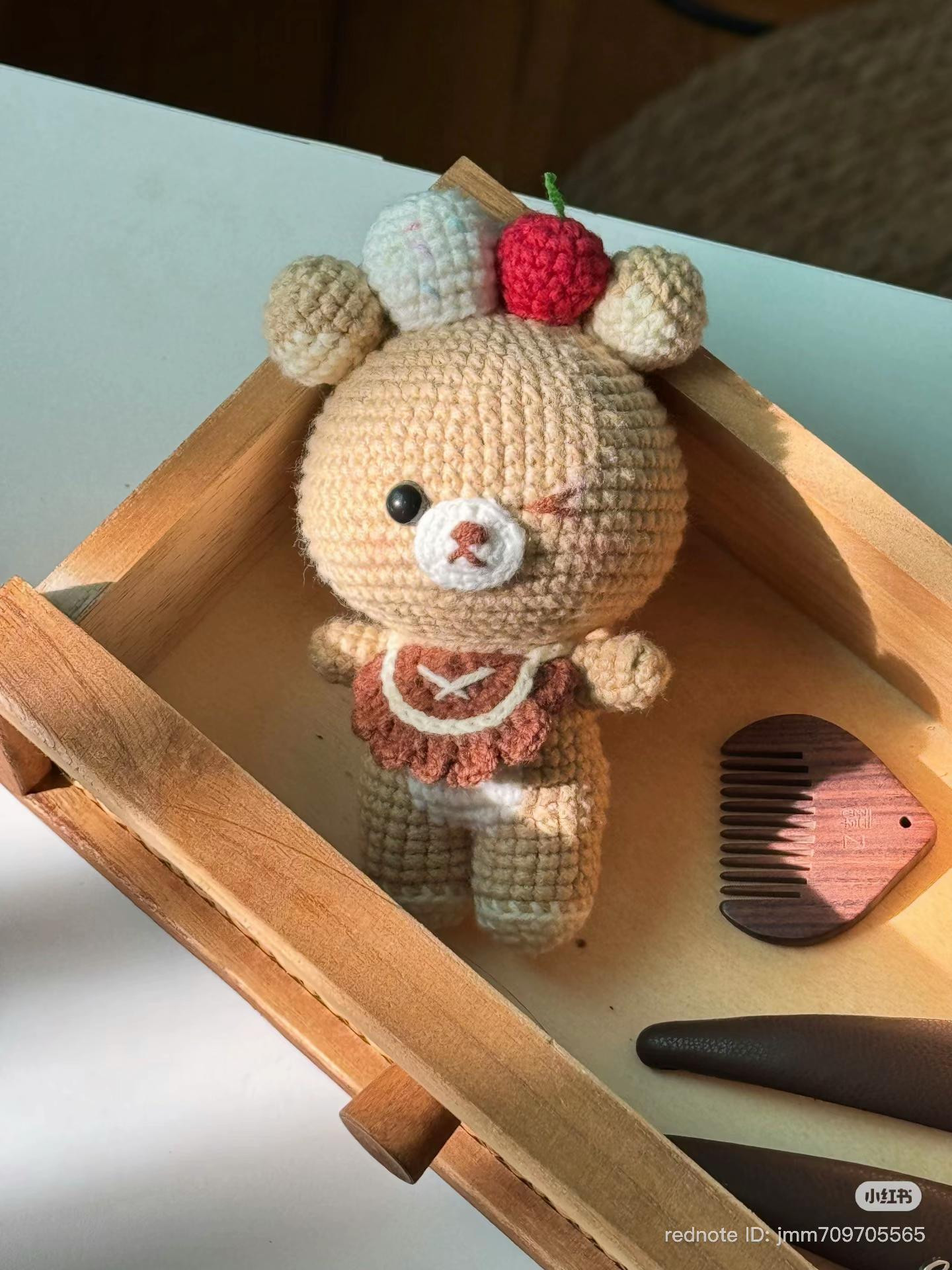 Crochet Pattern Tutorial for Rikakuma Bear with Cherry and Cream Hat