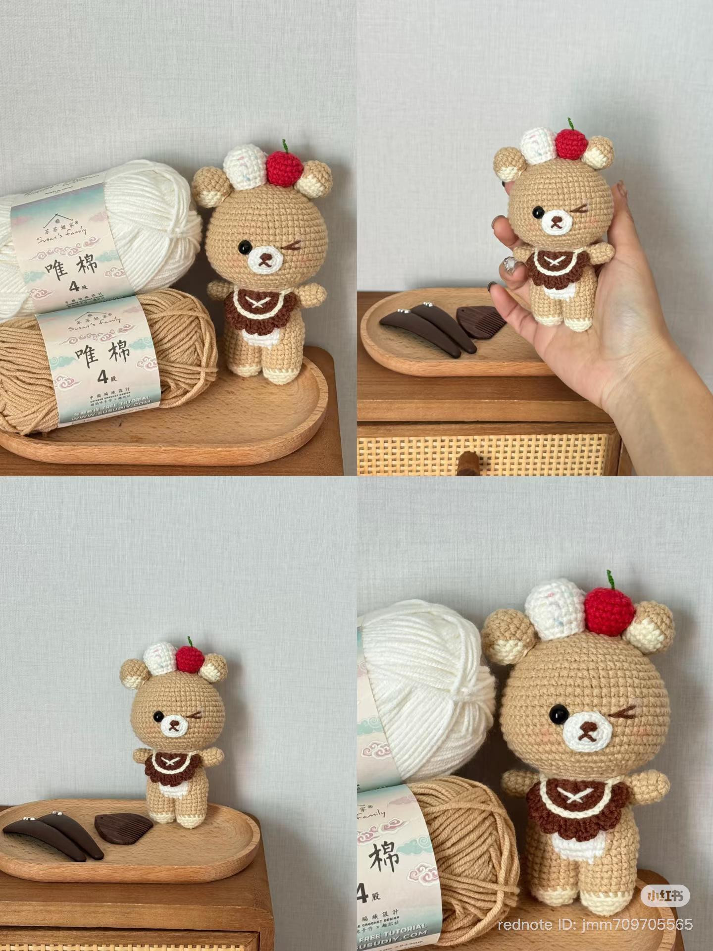 Crochet Pattern Tutorial for Rikakuma Bear with Cherry and Cream Hat