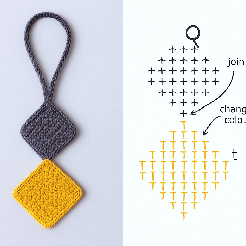 Crochet Patterns Collection: Beaded Necklace, Geometric Keychain, and Black Lace Collar Diagrams