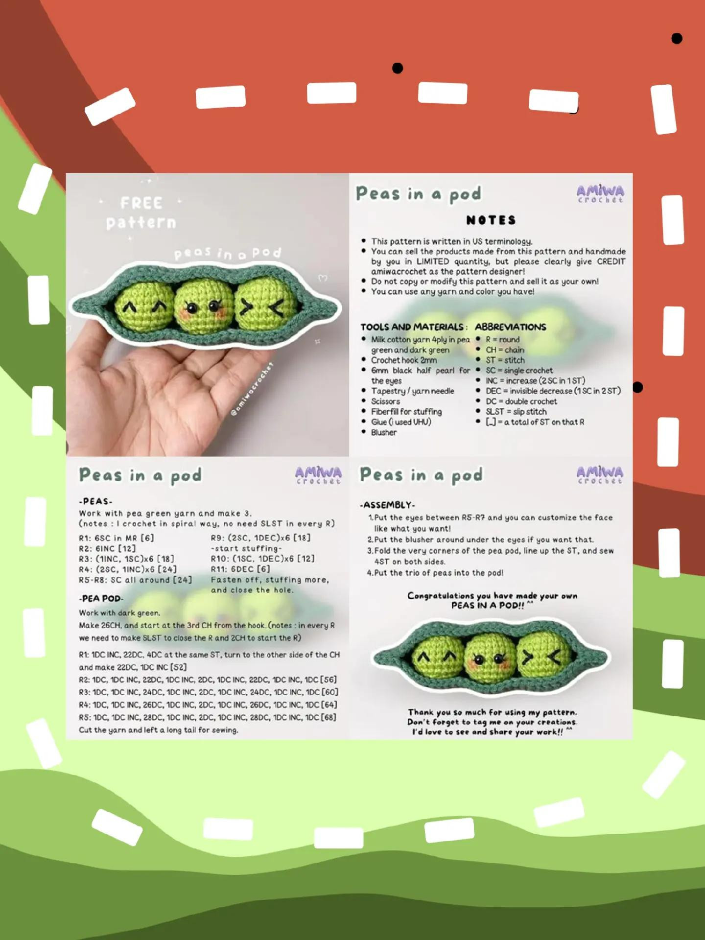 Crochet Patterns for PomPomPurin, Niguiri Shrimp, Banana, Peas in a Pod and Boba Tea