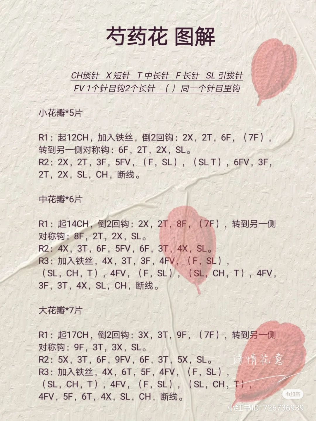 Crochet Peony Flower Pattern Chart with Red Petals and Yellow Center